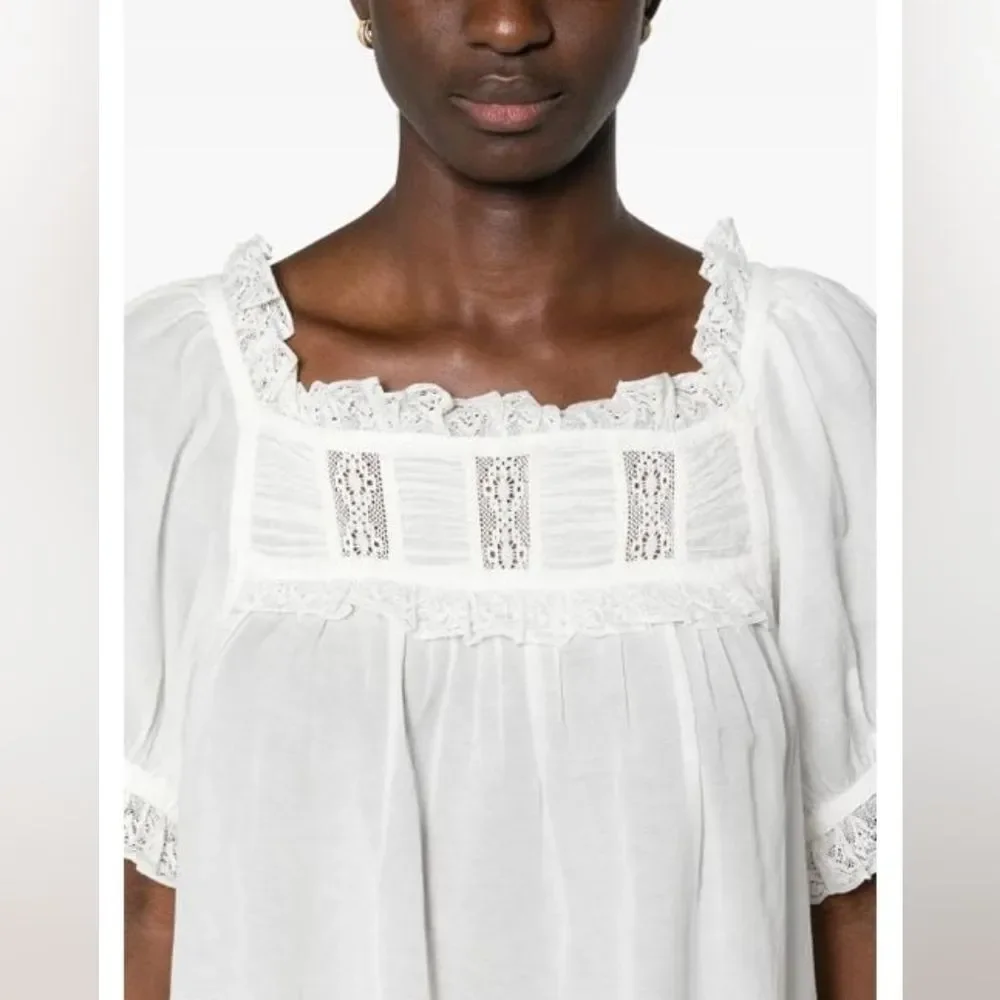 Doen Women's White Lace-Detailed Puff-Sleeve Blouse Large - Retail $503.00